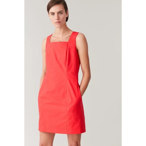 COS Cotton Linen Sheath Dress Red Mini Square Neck Sleeveless Pockets Sz 14 - Picture 1 of 10